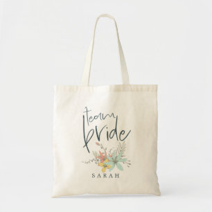 Pastel Blommigts Team Bride Modern Typography Namn Tygkasse