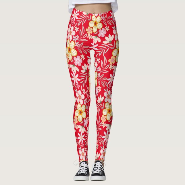 Pastel Blommönster C03.bw Red BG Leggings (Framsida)