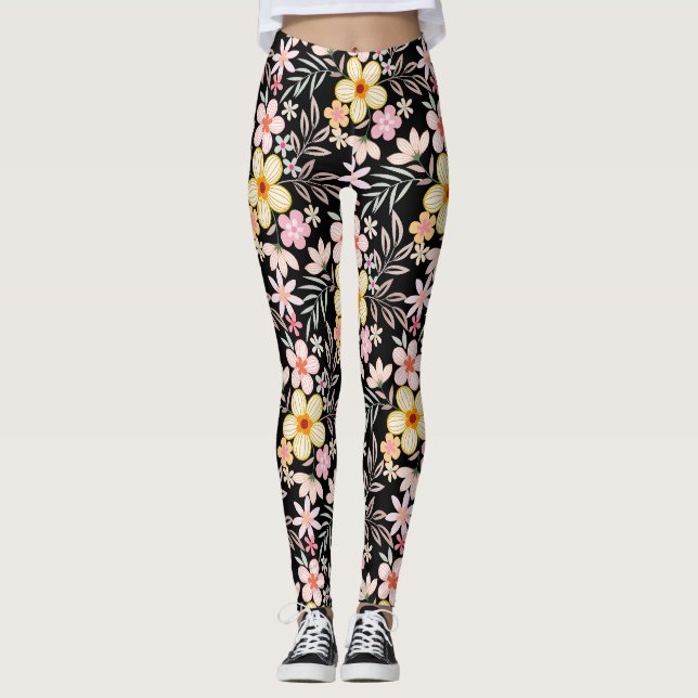 Pastel Blommönster C03.bw, svart BG Leggings (Framsida)