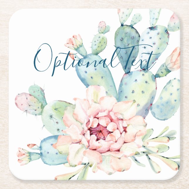Pastel Blooming Cactus Soft Watercolor Underlägg Papper Kvadrat (Framsidan)