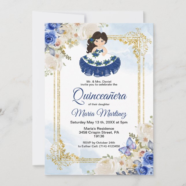 Pastel Blue 4 Quinceañera Mexikansk inbjudan (Framsida)