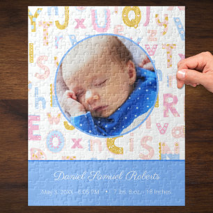 Pastel Blue ABC Birth Record Stat Pojke Photo Pussel