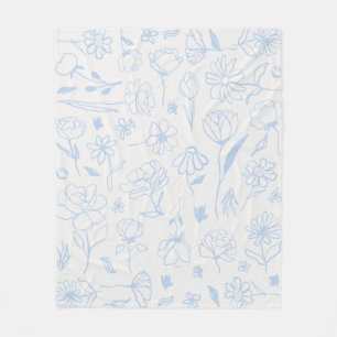 Pastel Blue Abstrakt Blommigt Botanical Bläck Art Fleecefilt