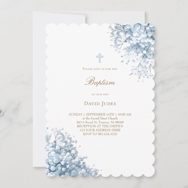 Pastel Blue baby Utandblommor Baptism Inbjudningar (Framsida)