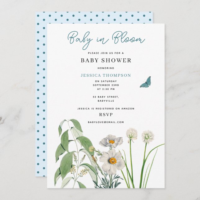 Pastel Blue Blommigt Baby i Bloom Baby Shower Inbjudningar (Fram/baksida)