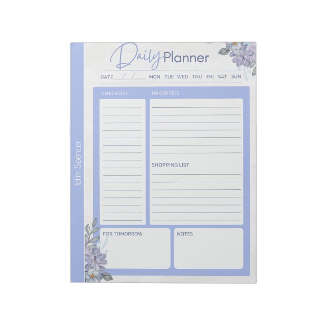 Pastel Blue Blommigt Daily Planner Anteckningsblock (Roterad)