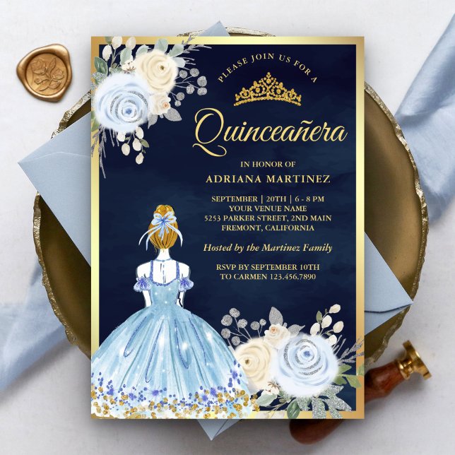 Pastel Blue Blommigt Dress Navy Guld Quinceanera Inbjudningar (Skapare uppladdad)