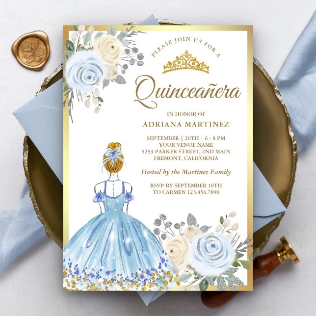 Pastel Blue Blommigt Dress Princess Guld Quinceane Inbjudningar (Skapare uppladdad)