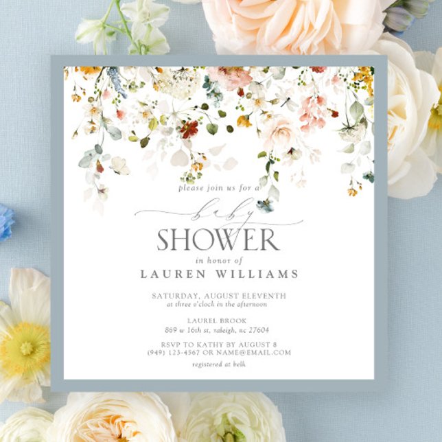 Pastel Blue Blommigt Drop Script Shower Inbjudningar (Baby Shower Invitation!)