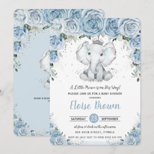 Pastel Blue Blommigt Elephant Prince Boy Shower Inbjudningar