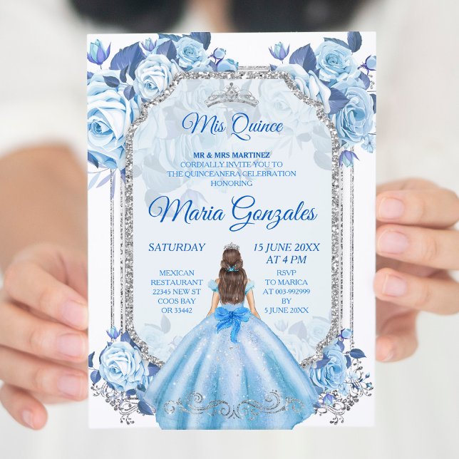 Pastel Blue Blommigt Mexican Charra Mis Quince Inbjudningar (Skapare uppladdad)