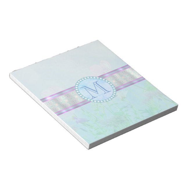 Pastel Blue Blommigt Monogram Anteckningsblock (Vinklad)