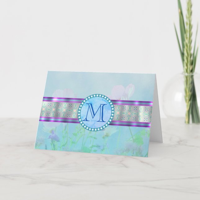 Pastel Blue Blommigt Monogram Anteckningskort (Framsida)