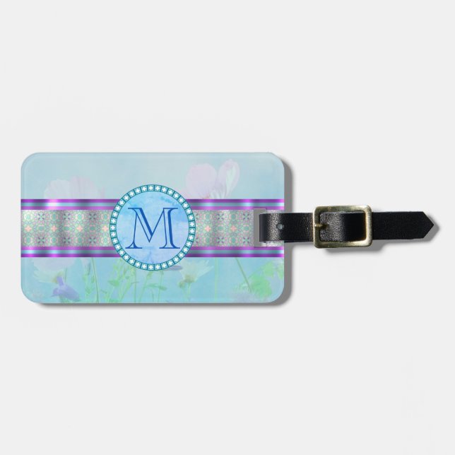 Pastel Blue Blommigt Monogram Bagagebricka (Horisontell Framsida)