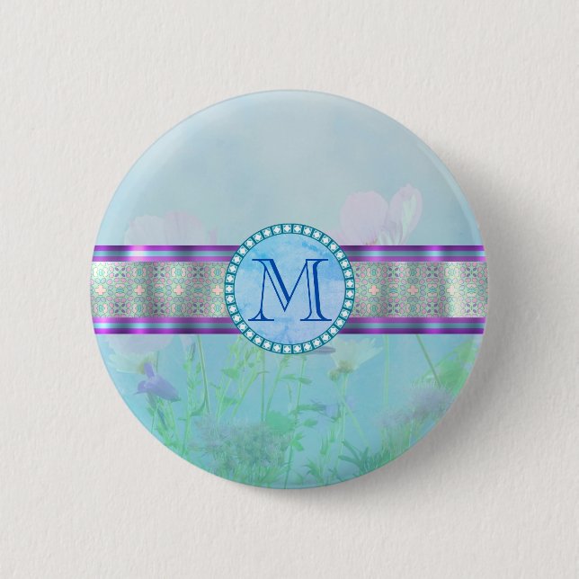 Pastel Blue Blommigt Monogram Knapp (Framsida)