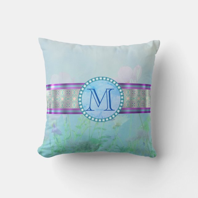 Pastel Blue Blommigt Monogram Kudde (Framsida)