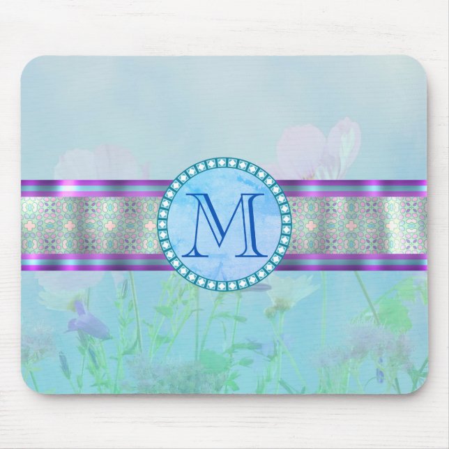 Pastel Blue Blommigt Monogram Musmatta (Framsidan)