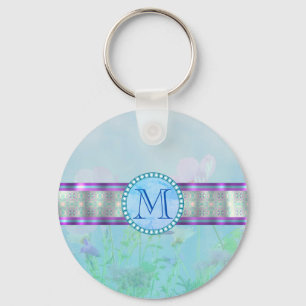 Pastel Blue Blommigt Monogram Nyckelring