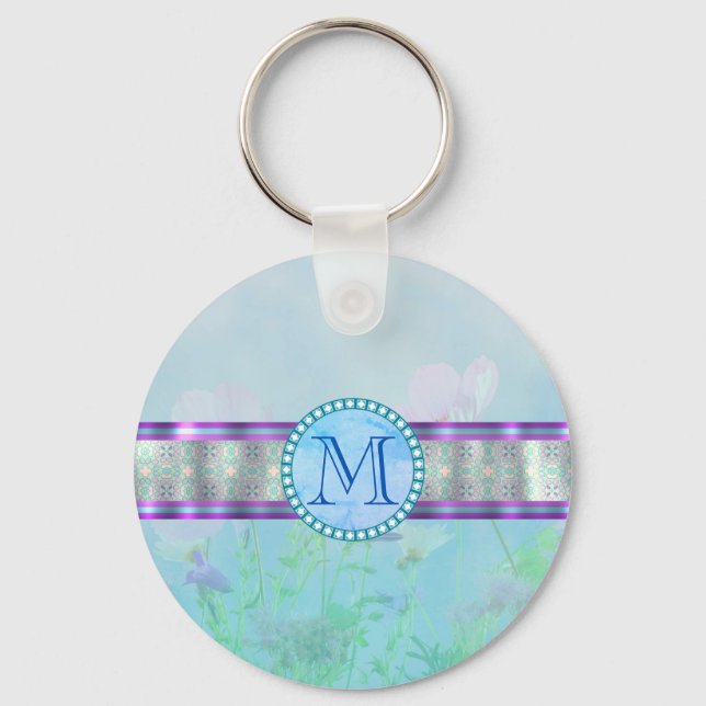 Pastel Blue Blommigt Monogram Nyckelring (Framsida)