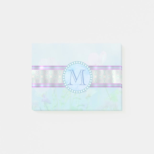 Pastel Blue Blommigt Monogram Post-it Block (Framsida)