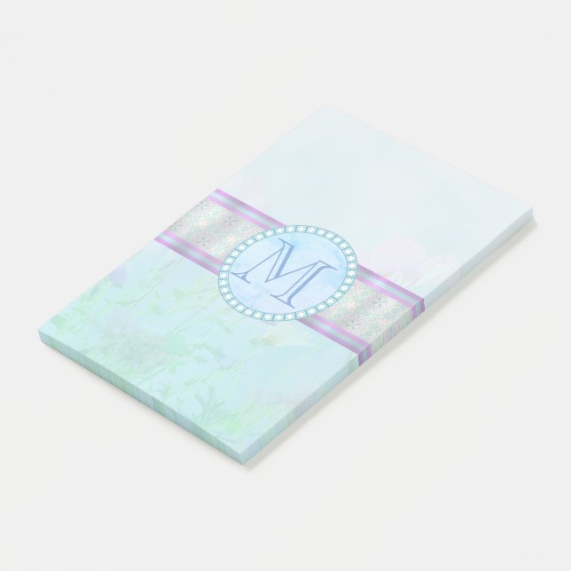 Pastel Blue Blommigt Monogram Post-it Block (Vinklad)
