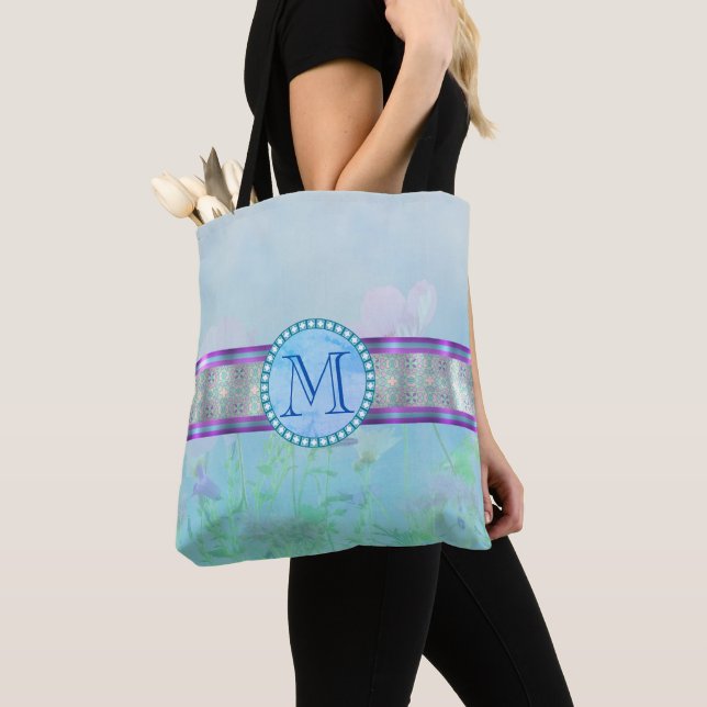 Pastel Blue Blommigt Monogram Tygkasse (Närbild)