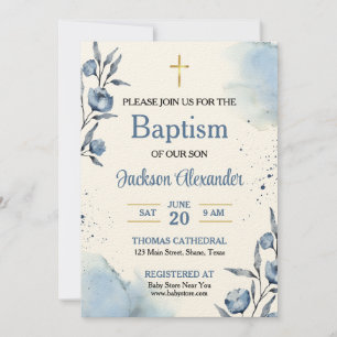 Pastel Blue Blommigt Pojke Baptism Inbjudningar