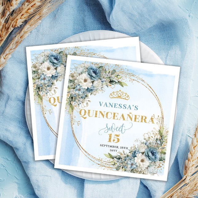 Pastel Blue Boho Floral Gold Glitter 15th Birthday Pappersservett (Pastel Blue Boho Floral Gold Glitter 15th Birthday Napkins)