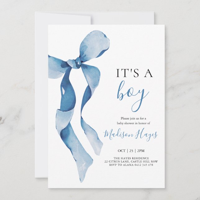 Pastel Blue Bow Baby Shower Card Julkort (Framsida)