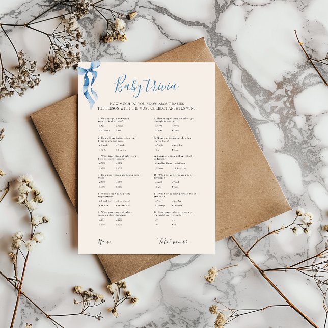 Pastel Blue Bow Baby Trivia Baby Shower Game Card Inbjudningar (Skapare uppladdad)