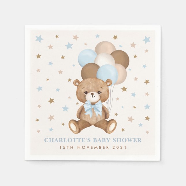 Pastel Blue Brown Nalle Ballower Baby Shower Pappersservett (Framsidan)