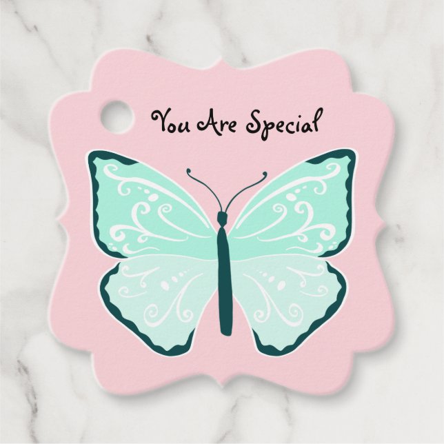 Pastel Blue Butterflies på Söt Ljus rosa Gåvor Etiketter (Framsida)