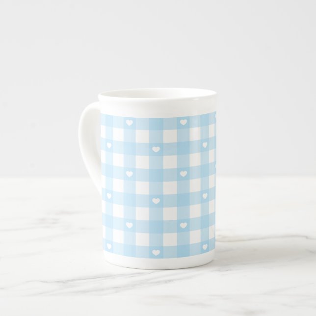 Pastel Blue Checks Benporslin Mugg (Framsida vänster)