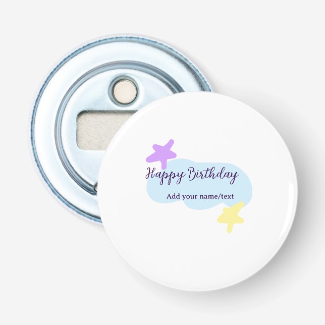 Pastel blue clouds stars purple happy birthday nam flasköppnare (Framsidan)