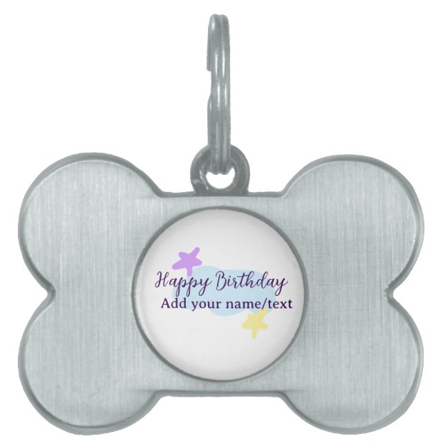 Pastel blue clouds stars purple happy birthday nam ID-bricka husdjur (Framsidan)