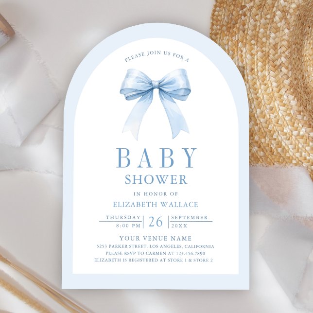 Pastel Blue Coquette Bow Arch QR Code Baby Shower Inbjudningar (Skapare uppladdad)