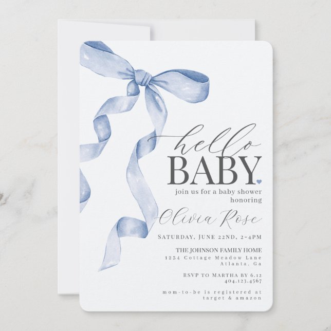Pastel Blue Coquette Bow Girl Baby Shower Inbjudan (Framsida)