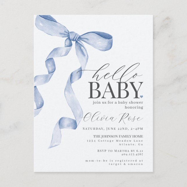 Pastel Blue Coquette Bow Girl Baby Shower Inbjudan (Framsida)