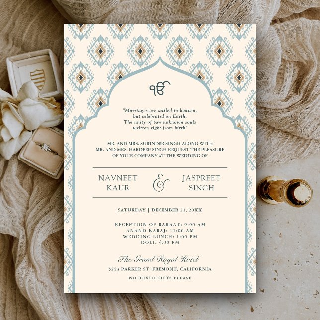 Pastel Blue Cream Ikat Anand Karaj Sikh Bröllop Inbjudningar (Skapare uppladdad)
