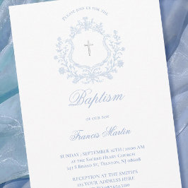 pastel blue crest baby boy Baptism Inbjudningar
