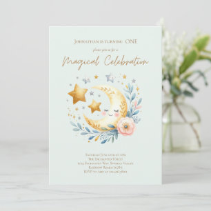 Pastel Blue Cute Pojke Måne 1:a födelsedagen Inbjudningar