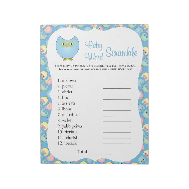 Pastel Blue Cute Uggla Baby Shower Theme Ord Game  Anteckningsblock (Roterad)