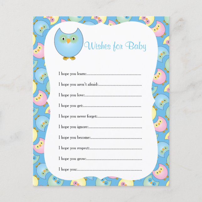 Pastel Blue Cute Uggla Baby Shower Themme - Önskem Flygblad (Framsidan)