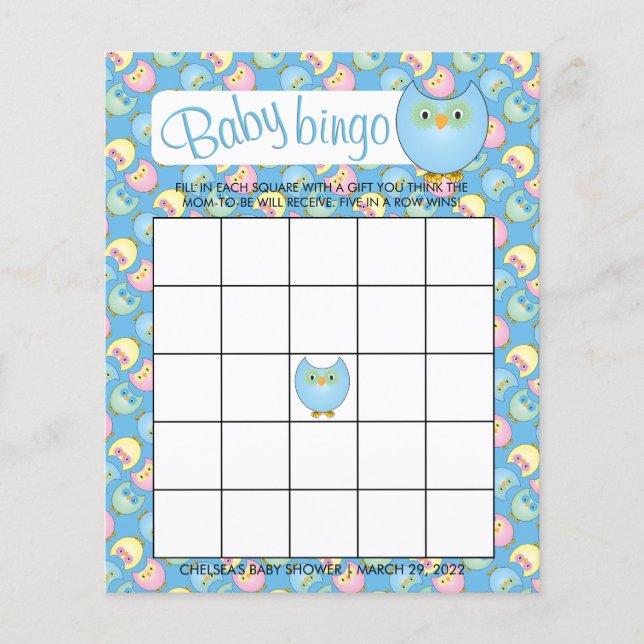Pastel Blue Cute Uggla Baby Shower Themo - Bingo Flygblad (Framsidan)