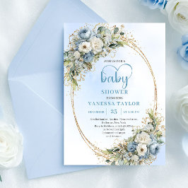 Pastel Blue Eucalyptus Floral Gold Baby Shower   Inbjudningar