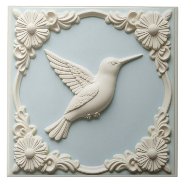 Pastel blue faux relief Art Nouveau Hummingbird  Kakelplatta (Framsidan)