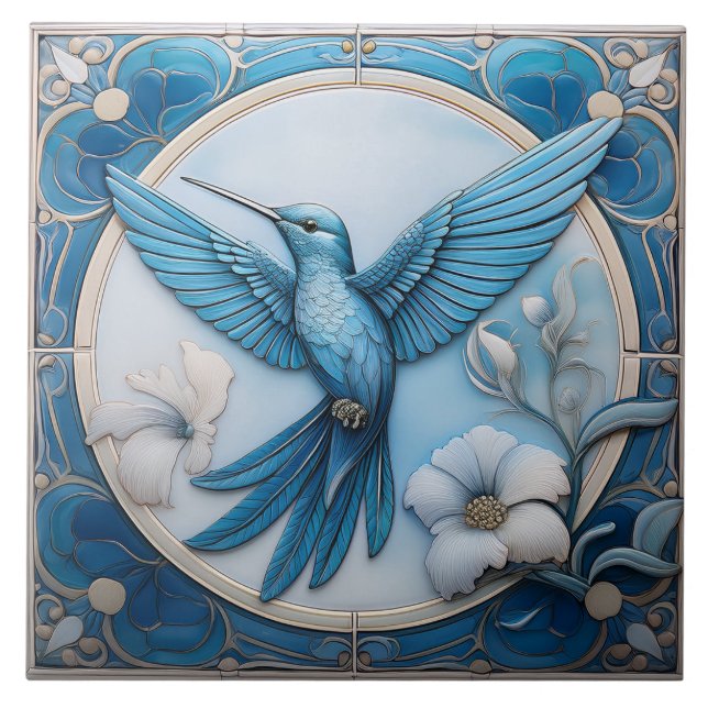 Pastel blue faux relief Art Nouveau Hummingbird L Kakelplatta (Framsidan)