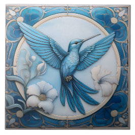 Pastel blue faux relief Art Nouveau Hummingbird R Kakelplatta