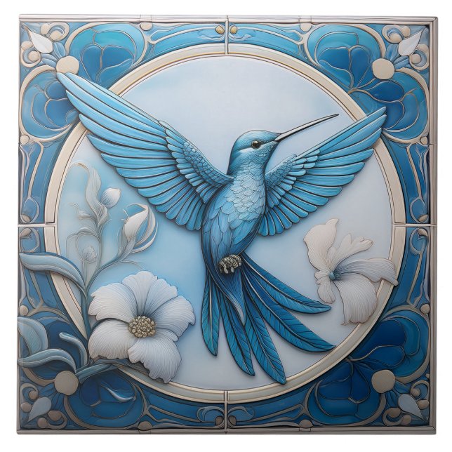 Pastel blue faux relief Art Nouveau Hummingbird R Kakelplatta (Framsidan)