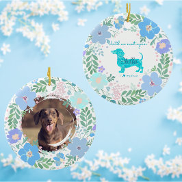 Pastel Blue Floral Dachshund Custom Photo Memorial Julgransprydnad Keramik